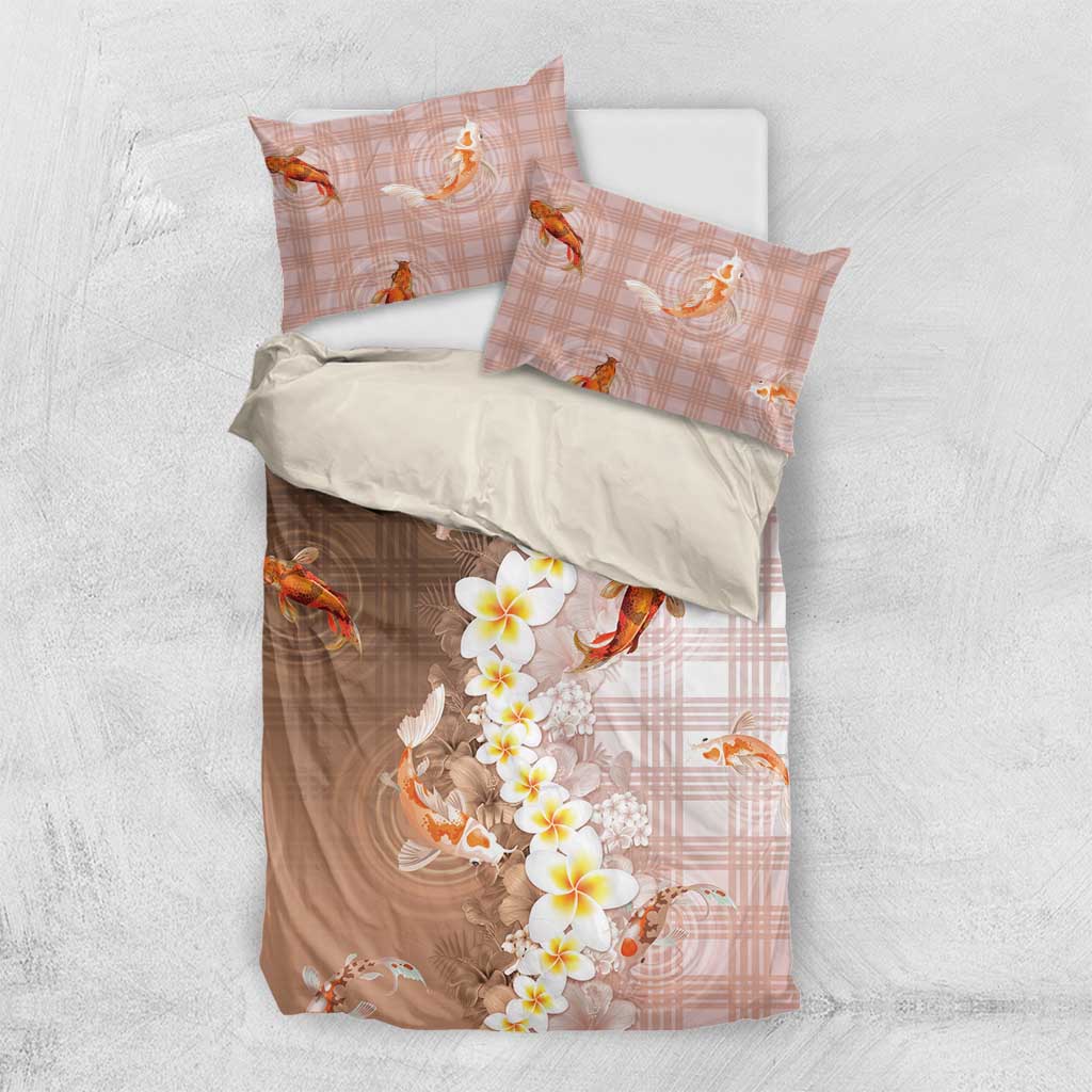 Hawaii And Japan Bedding Set Plumeria Lei With Koi Fish Beige - Polynesian Pride
