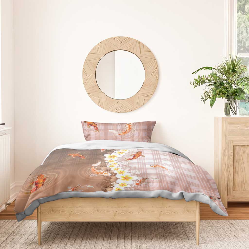Hawaii And Japan Bedding Set Plumeria Lei With Koi Fish Beige - Polynesian Pride