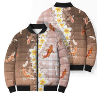 Hawaii And Japan Bomber Puffer Jacket Plumeria Lei With Koi Fish Beige - Polynesian Pride
