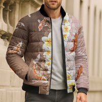 Hawaii And Japan Bomber Puffer Jacket Plumeria Lei With Koi Fish Beige - Polynesian Pride