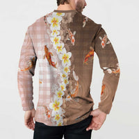 Hawaii And Japan Button Sweatshirt Plumeria Lei With Koi Fish Beige - Polynesian Pride