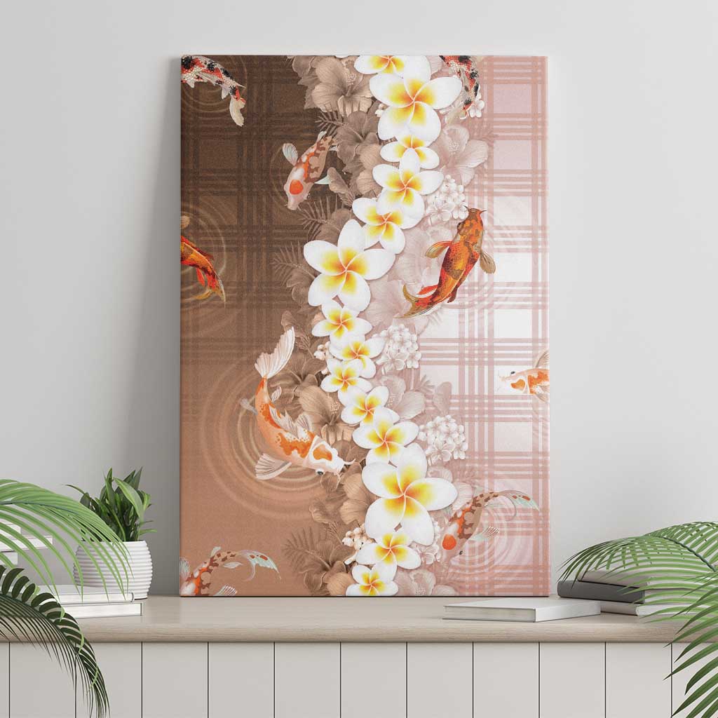 Hawaii And Japan Canvas Wall Art Plumeria Lei With Koi Fish Beige - Polynesian Pride