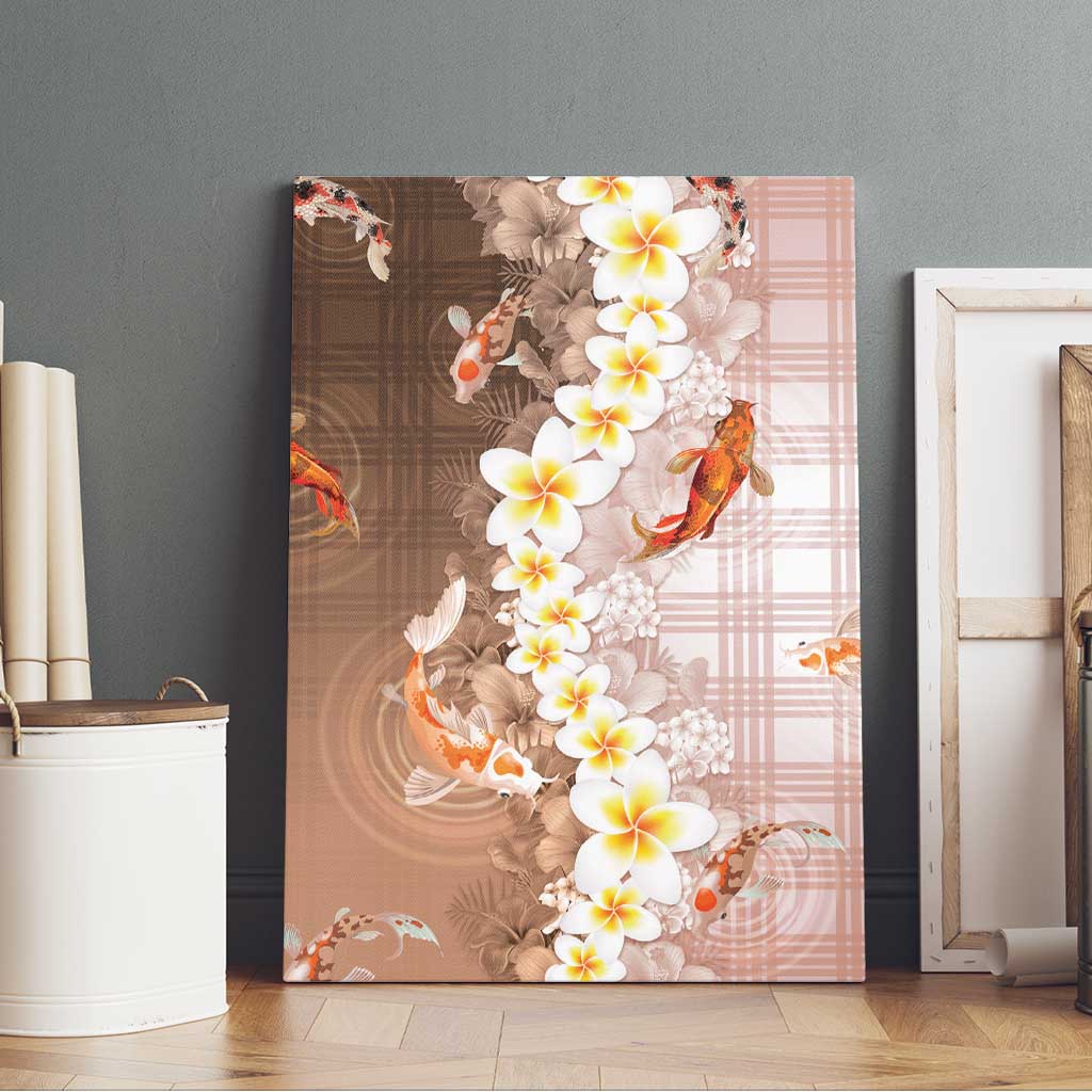 Hawaii And Japan Canvas Wall Art Plumeria Lei With Koi Fish Beige - Polynesian Pride