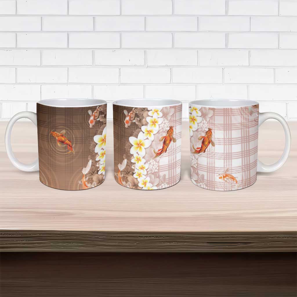 Hawaii And Japan Ceramic Mug Plumeria Lei With Koi Fish Beige - Polynesian Pride