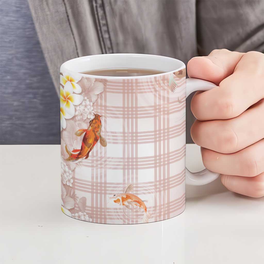 Hawaii And Japan Ceramic Mug Plumeria Lei With Koi Fish Beige - Polynesian Pride