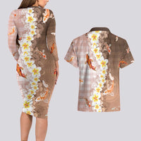 Hawaii And Japan Couples Matching Long Sleeve Bodycon Dress and Hawaiian Shirt Plumeria Lei With Koi Fish Beige - Polynesian Pride