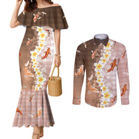 Hawaii And Japan Couples Matching Mermaid Dress and Long Sleeve Button Shirt Plumeria Lei With Koi Fish Beige - Polynesian Pride