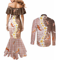 Hawaii And Japan Couples Matching Mermaid Dress and Long Sleeve Button Shirt Plumeria Lei With Koi Fish Beige - Polynesian Pride