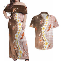 Hawaii And Japan Couples Matching Off Shoulder Maxi Dress and Hawaiian Shirt Plumeria Lei With Koi Fish Beige - Polynesian Pride