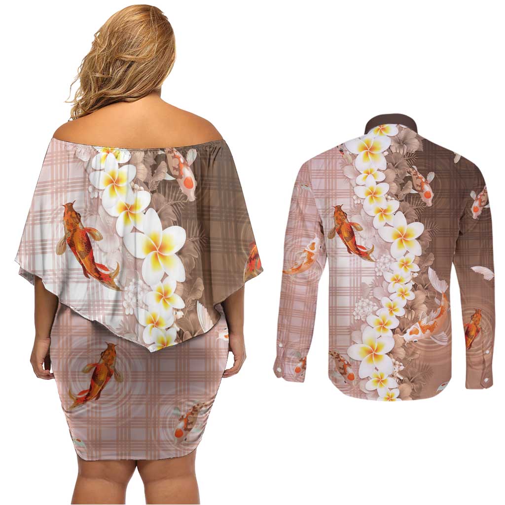 Hawaii And Japan Couples Matching Off Shoulder Short Dress and Long Sleeve Button Shirt Plumeria Lei With Koi Fish Beige - Polynesian Pride