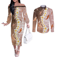 Hawaii And Japan Couples Matching Off The Shoulder Long Sleeve Dress and Long Sleeve Button Shirt Plumeria Lei With Koi Fish Beige - Polynesian Pride