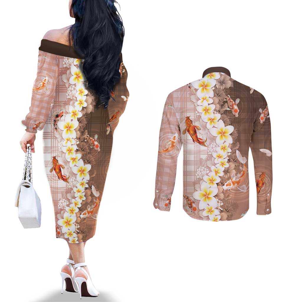 Hawaii And Japan Couples Matching Off The Shoulder Long Sleeve Dress and Long Sleeve Button Shirt Plumeria Lei With Koi Fish Beige - Polynesian Pride