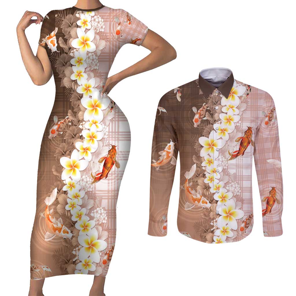 Hawaii And Japan Couples Matching Short Sleeve Bodycon Dress and Long Sleeve Button Shirt Plumeria Lei With Koi Fish Beige - Polynesian Pride