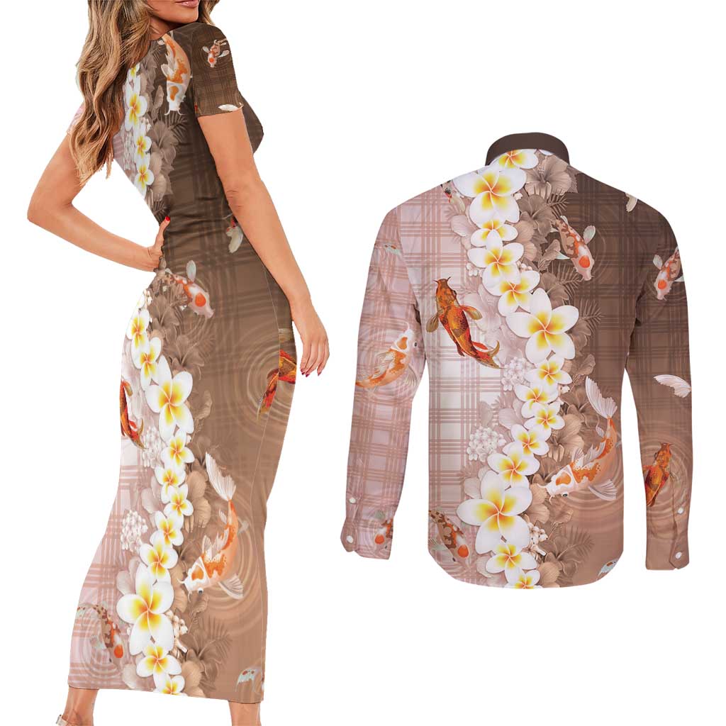 Hawaii And Japan Couples Matching Short Sleeve Bodycon Dress and Long Sleeve Button Shirt Plumeria Lei With Koi Fish Beige - Polynesian Pride
