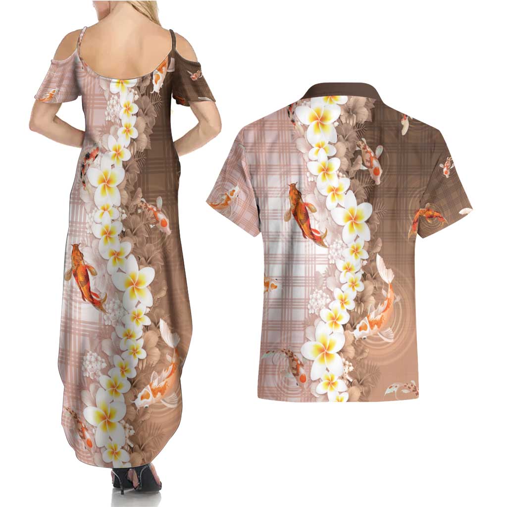 Hawaii And Japan Couples Matching Summer Maxi Dress and Hawaiian Shirt Plumeria Lei With Koi Fish Beige - Polynesian Pride