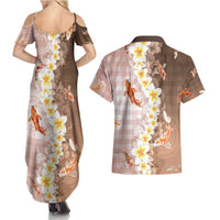 Hawaii And Japan Couples Matching Summer Maxi Dress and Hawaiian Shirt Plumeria Lei With Koi Fish Beige - Polynesian Pride