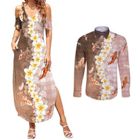 Hawaii And Japan Couples Matching Summer Maxi Dress and Long Sleeve Button Shirt Plumeria Lei With Koi Fish Beige - Polynesian Pride
