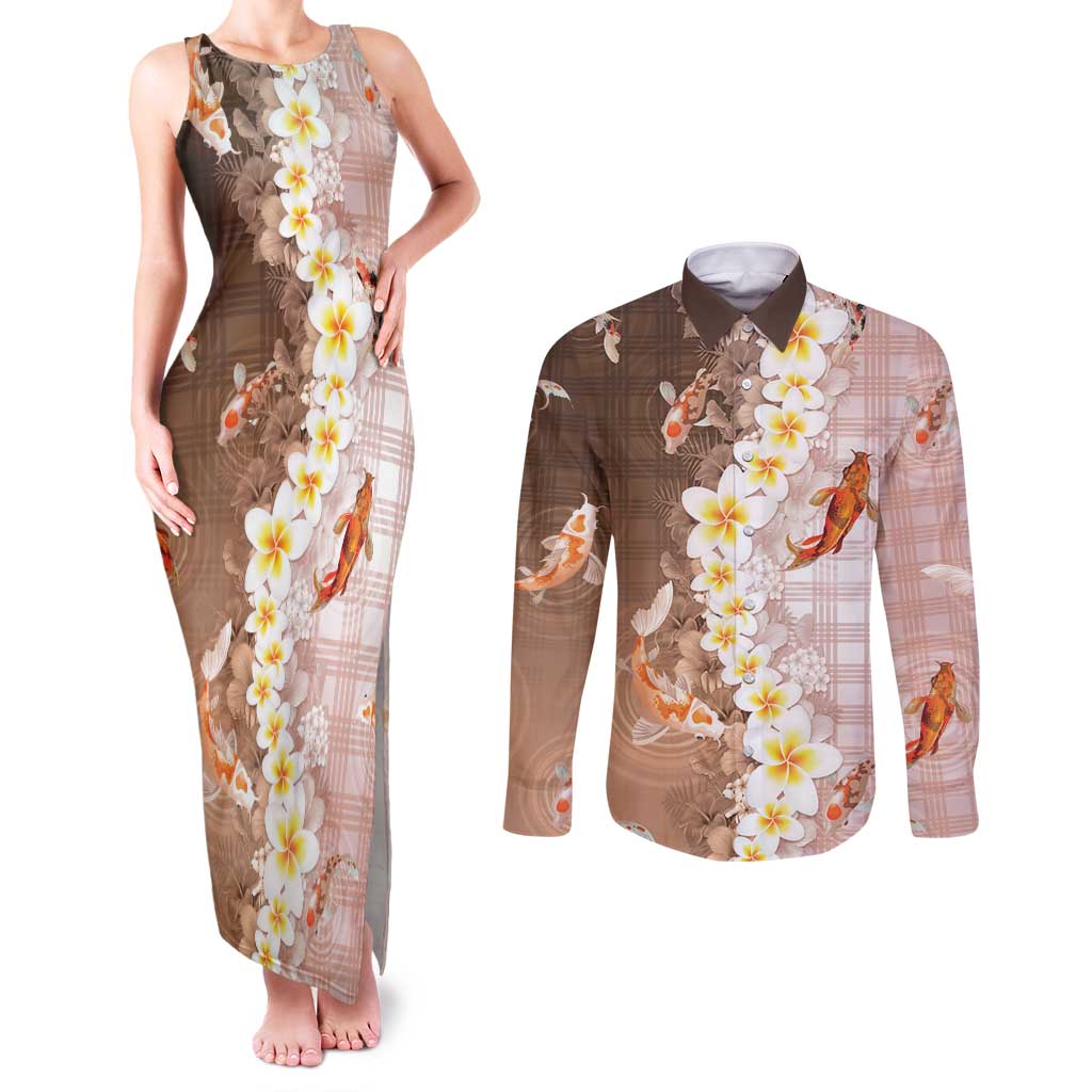 Hawaii And Japan Couples Matching Tank Maxi Dress and Long Sleeve Button Shirt Plumeria Lei With Koi Fish Beige - Polynesian Pride