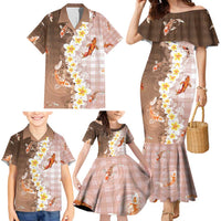 Hawaii And Japan Family Matching Mermaid Dress and Hawaiian Shirt Plumeria Lei With Koi Fish Beige - Polynesian Pride
