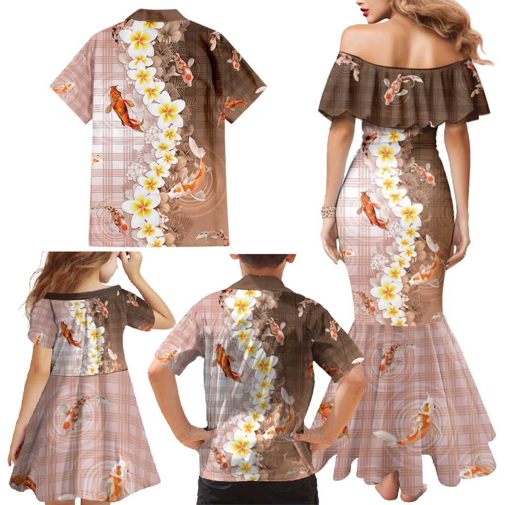 Hawaii And Japan Family Matching Mermaid Dress and Hawaiian Shirt Plumeria Lei With Koi Fish Beige - Polynesian Pride