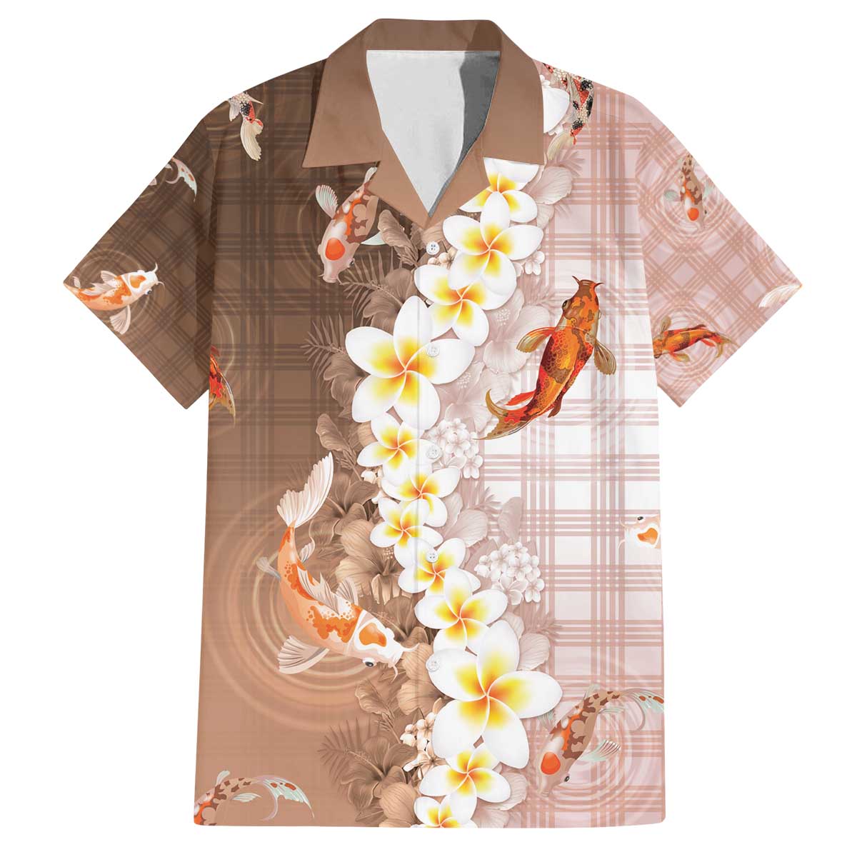 Hawaii And Japan Family Matching Off The Shoulder Long Sleeve Dress and Hawaiian Shirt Plumeria Lei With Koi Fish Beige - Polynesian Pride