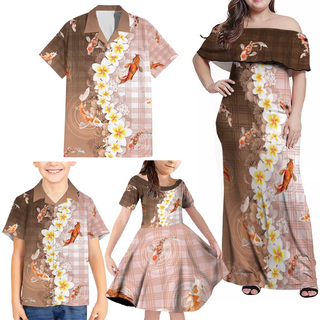 Hawaii And Japan Family Matching Off Shoulder Maxi Dress and Hawaiian Shirt Plumeria Lei With Koi Fish Beige - Polynesian Pride