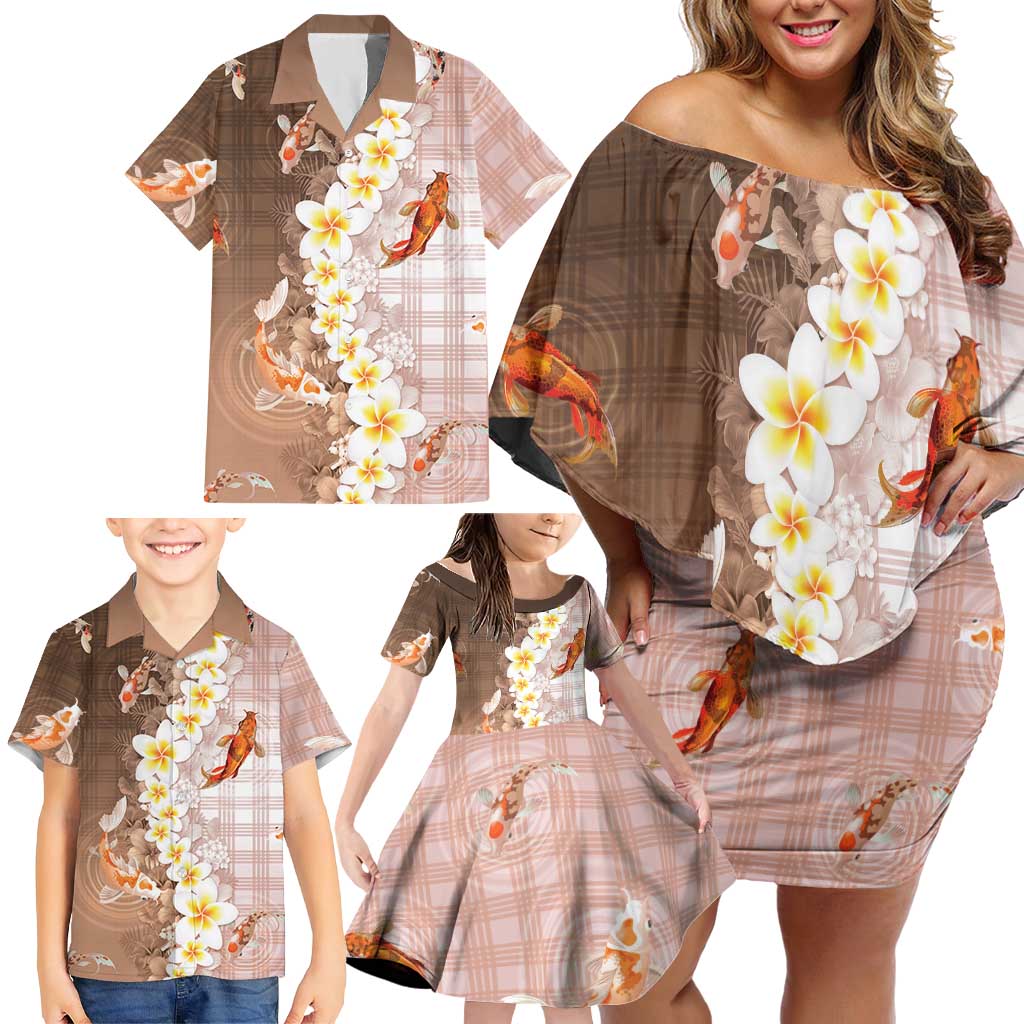 Hawaii And Japan Family Matching Off Shoulder Short Dress and Hawaiian Shirt Plumeria Lei With Koi Fish Beige LT05 - Polynesian Pride