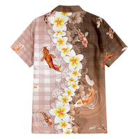 Hawaii And Japan Family Matching Off Shoulder Short Dress and Hawaiian Shirt Plumeria Lei With Koi Fish Beige - Polynesian Pride