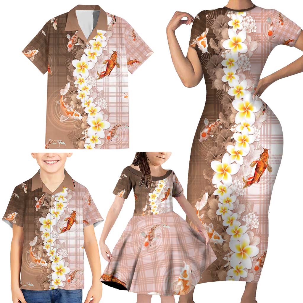 Hawaii And Japan Family Matching Short Sleeve Bodycon Dress and Hawaiian Shirt Plumeria Lei With Koi Fish Beige - Polynesian Pride
