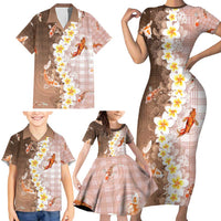 Hawaii And Japan Family Matching Short Sleeve Bodycon Dress and Hawaiian Shirt Plumeria Lei With Koi Fish Beige - Polynesian Pride