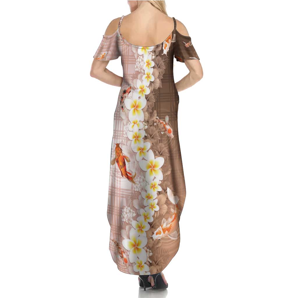 Hawaii And Japan Family Matching Summer Maxi Dress and Hawaiian Shirt Plumeria Lei With Koi Fish Beige - Polynesian Pride