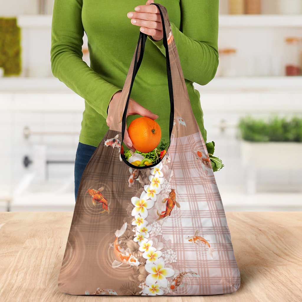 Hawaii And Japan Grocery Bag Plumeria Lei With Koi Fish Beige - Polynesian Pride