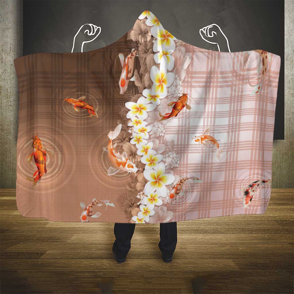 Hawaii And Japan Hooded Blanket Plumeria Lei With Koi Fish Beige - Polynesian Pride