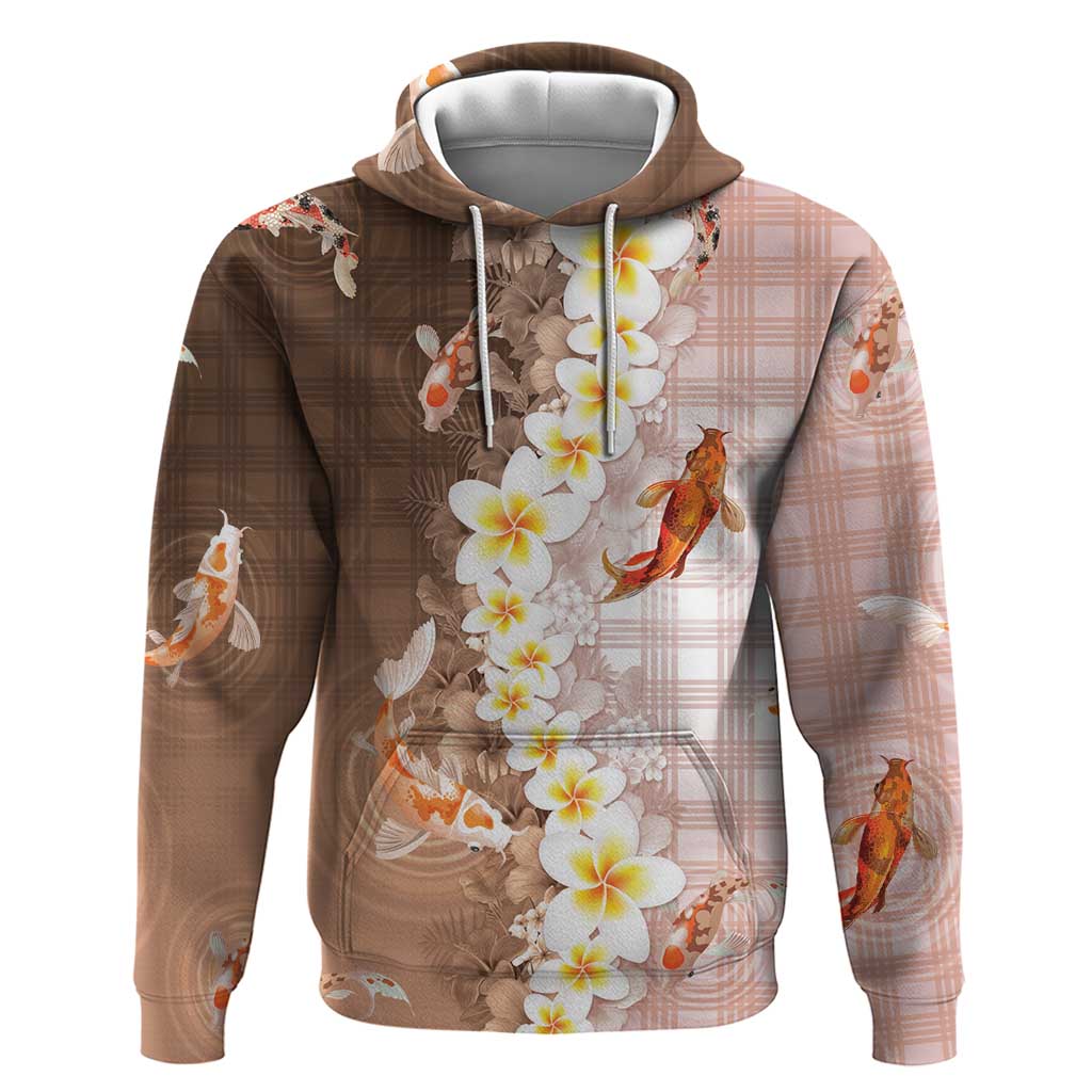 Hawaii And Japan Hoodie Plumeria Lei With Koi Fish Beige LT05 Pullover Hoodie Beige - Polynesian Pride