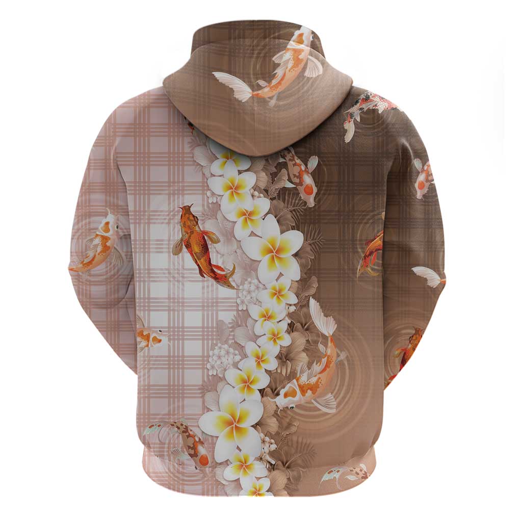 Hawaii And Japan Hoodie Plumeria Lei With Koi Fish Beige - Polynesian Pride