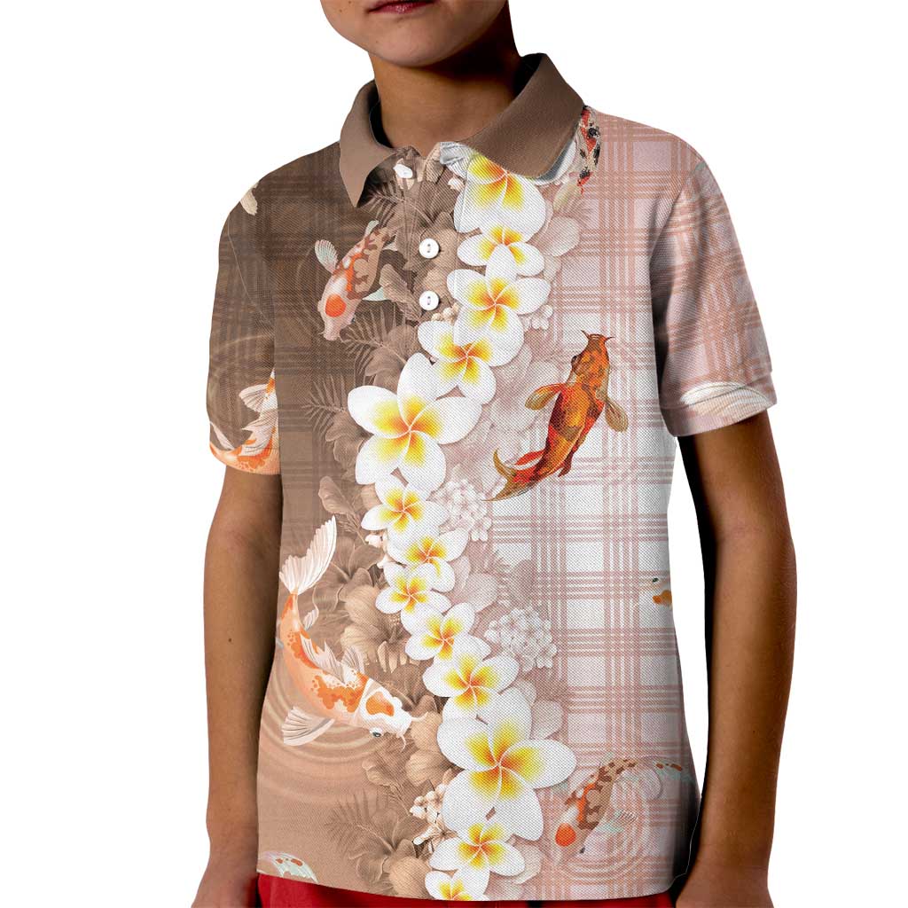 Hawaii And Japan Kid Polo Shirt Plumeria Lei With Koi Fish Beige LT05 Kid Beige - Polynesian Pride