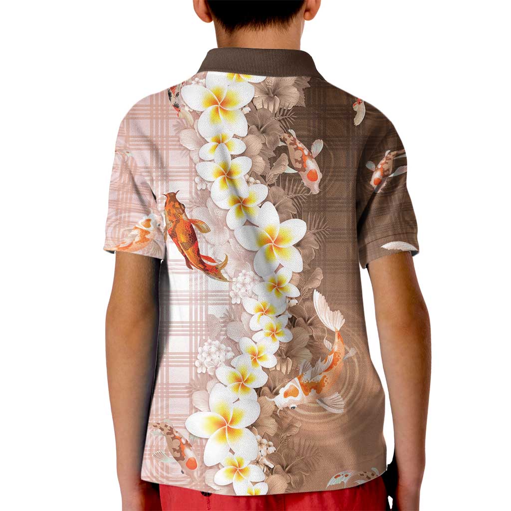 Hawaii And Japan Kid Polo Shirt Plumeria Lei With Koi Fish Beige - Polynesian Pride