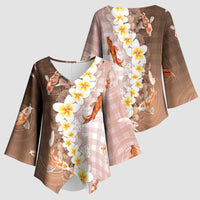 Hawaii And Japan Kimono Sleeve Blouse Plumeria Lei With Koi Fish Beige - Polynesian Pride