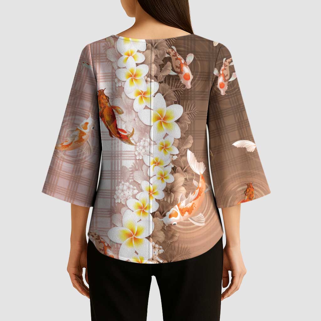 Hawaii And Japan Kimono Sleeve Blouse Plumeria Lei With Koi Fish Beige - Polynesian Pride