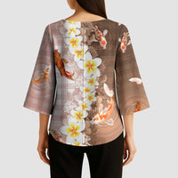 Hawaii And Japan Kimono Sleeve Blouse Plumeria Lei With Koi Fish Beige - Polynesian Pride