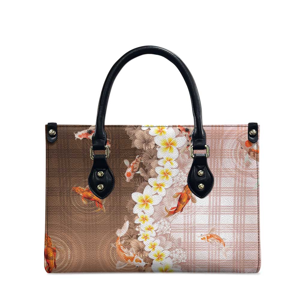 Hawaii And Japan Leather Bag Plumeria Lei With Koi Fish Beige - Polynesian Pride