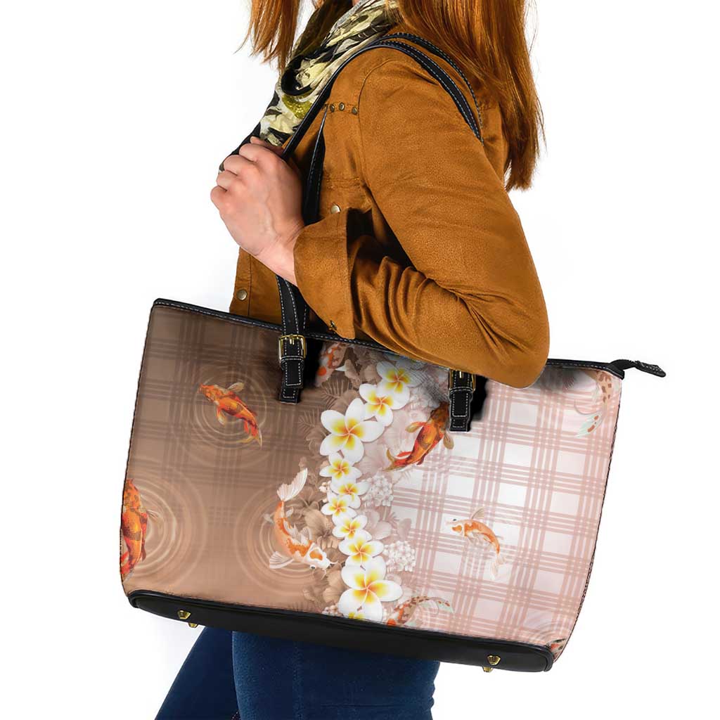 Hawaii And Japan Leather Tote Bag Plumeria Lei With Koi Fish Beige - Polynesian Pride