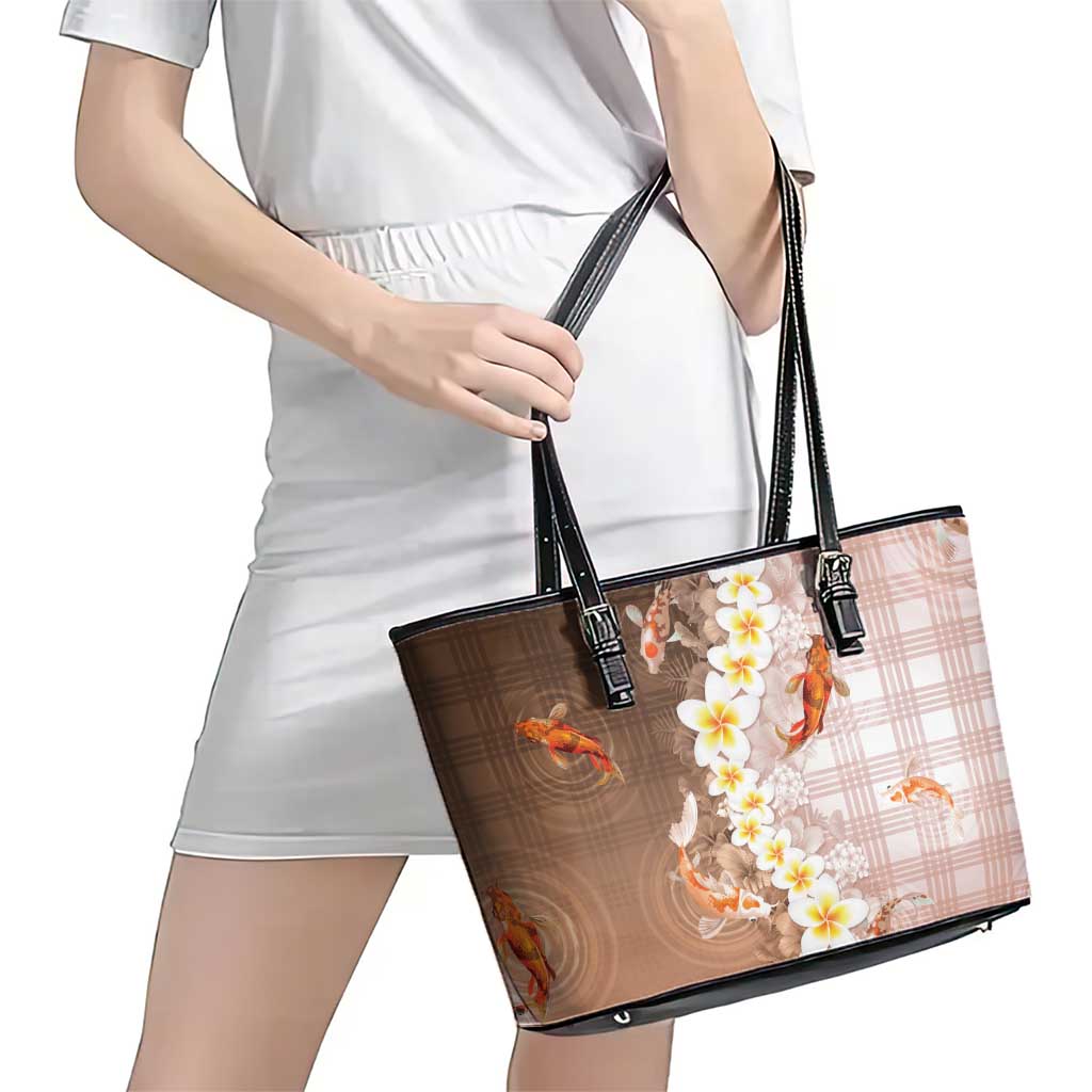 Hawaii And Japan Leather Tote Bag Plumeria Lei With Koi Fish Beige - Polynesian Pride
