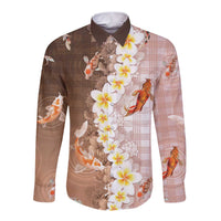 Hawaii And Japan Long Sleeve Button Shirt Plumeria Lei With Koi Fish Beige - Polynesian Pride