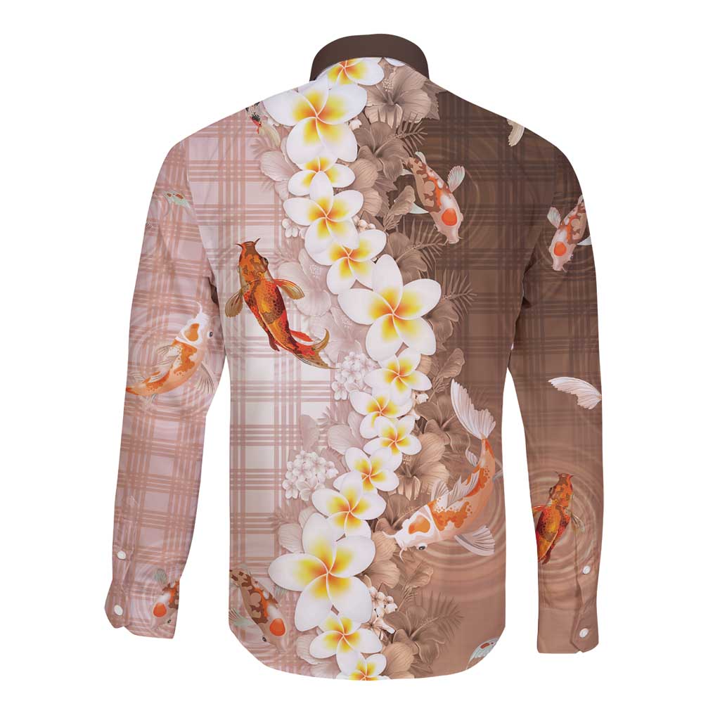 Hawaii And Japan Long Sleeve Button Shirt Plumeria Lei With Koi Fish Beige - Polynesian Pride