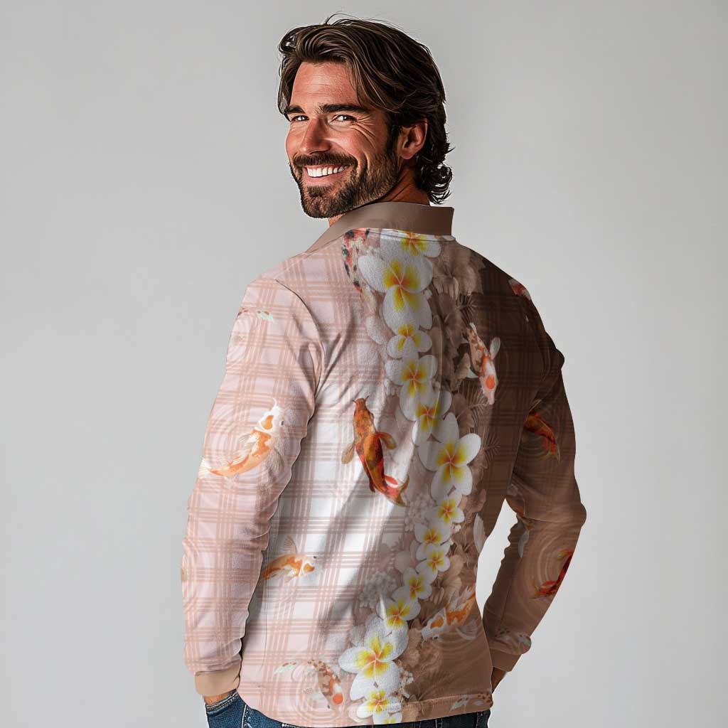 Hawaii And Japan Long Sleeve Polo Shirt Plumeria Lei With Koi Fish Beige - Polynesian Pride