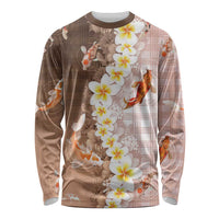 Hawaii And Japan Long Sleeve Shirt Plumeria Lei With Koi Fish Beige - Polynesian Pride