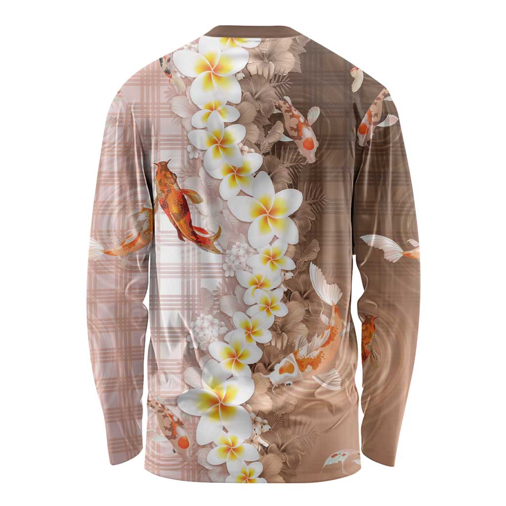 Hawaii And Japan Long Sleeve Shirt Plumeria Lei With Koi Fish Beige - Polynesian Pride