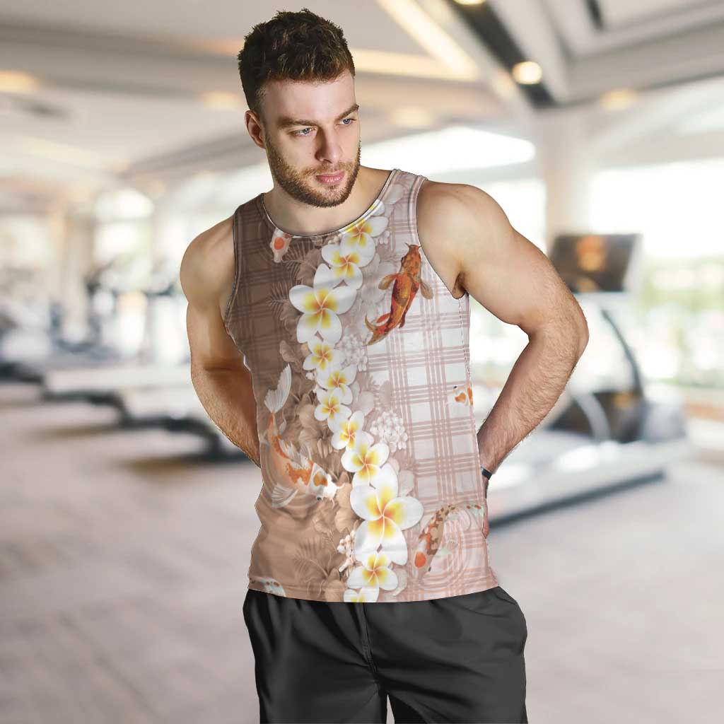 Hawaii And Japan Men Tank Top Plumeria Lei With Koi Fish Beige - Polynesian Pride