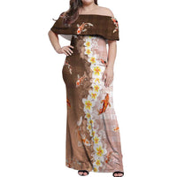 Hawaii And Japan Off Shoulder Maxi Dress Plumeria Lei With Koi Fish Beige - Polynesian Pride